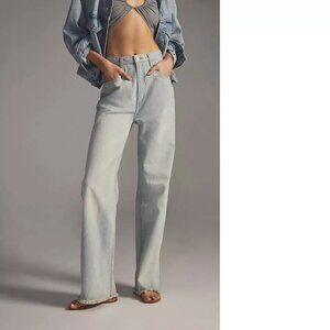 Pilcro Anthropologie Women Jeans Size 30 Blue Wide Leg Raw Hem High Rise Denim